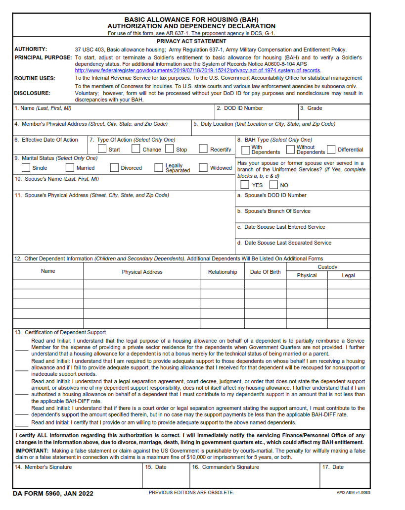 DA Form 5960 - Basic Allowance For Housing (Bah) Authorization And Dependency Declaration