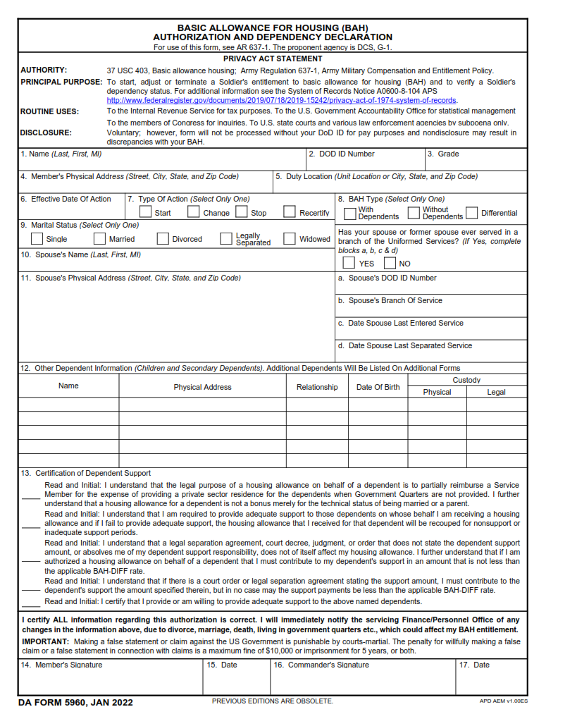 DA Form 5960 Basic Allowance For Housing Bah Authorization And 