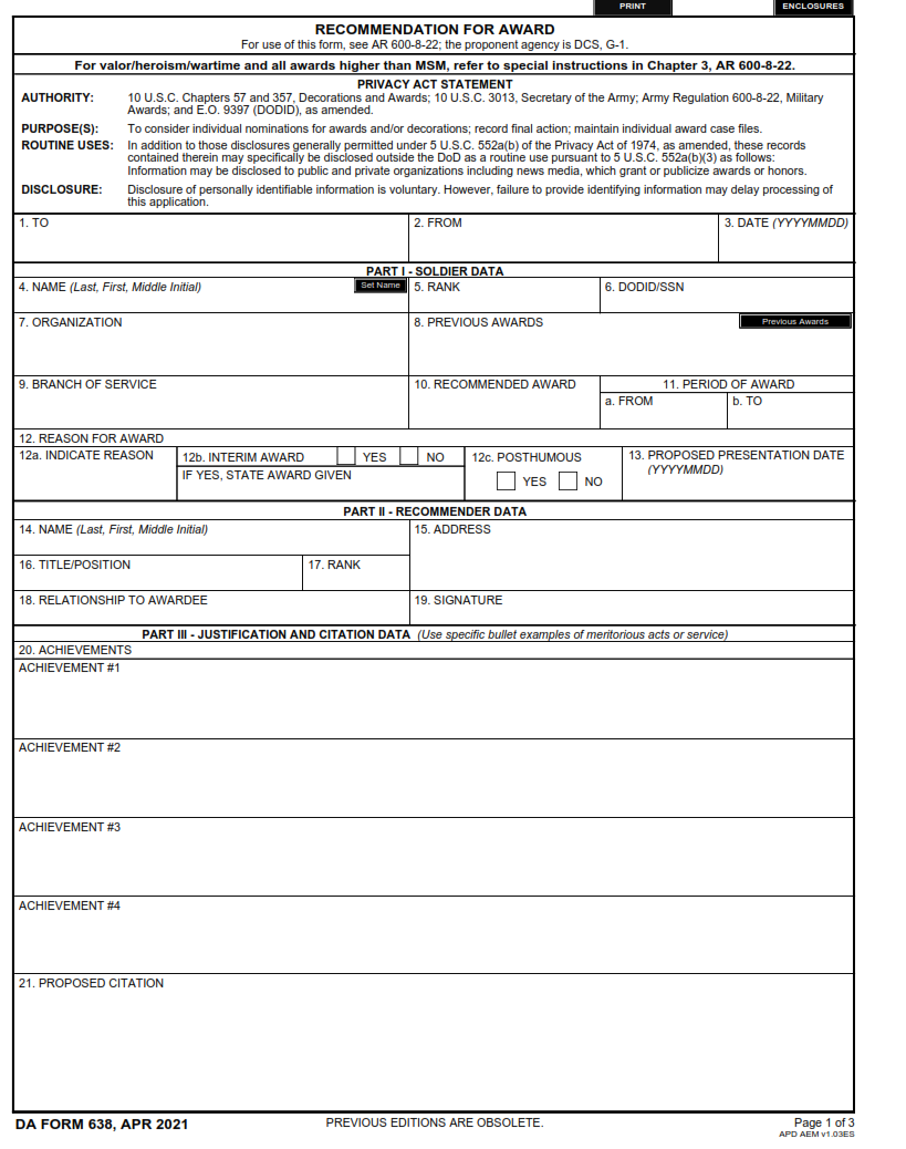 DA Form 638 - Recommendation For Award Page 1