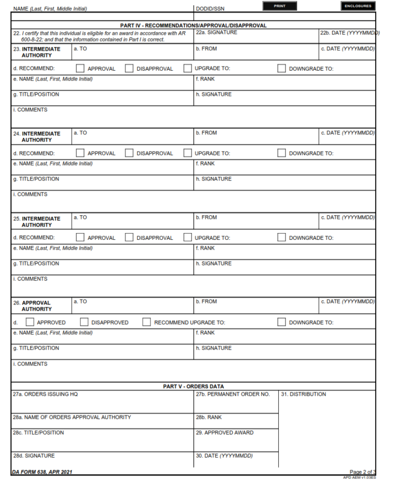 DA Form 638 - Recommendation For Award