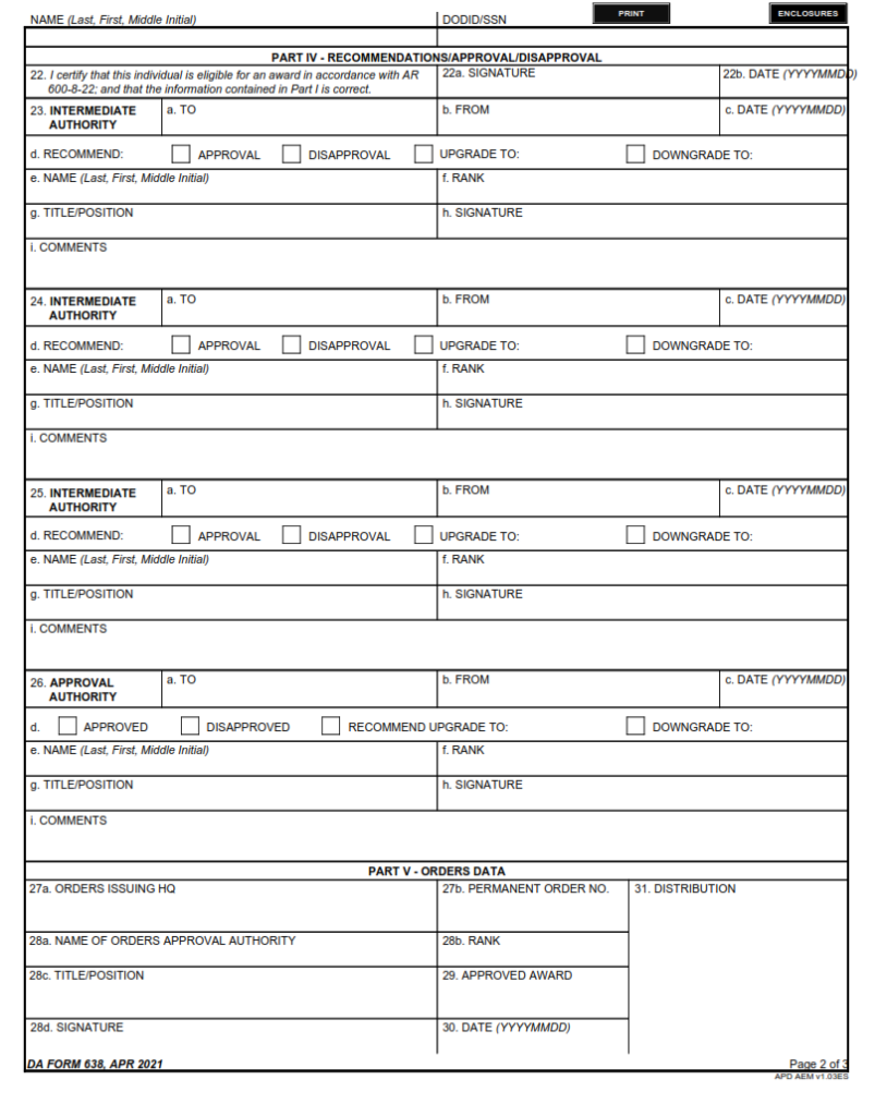 Da Form 638 Recommendation For Award