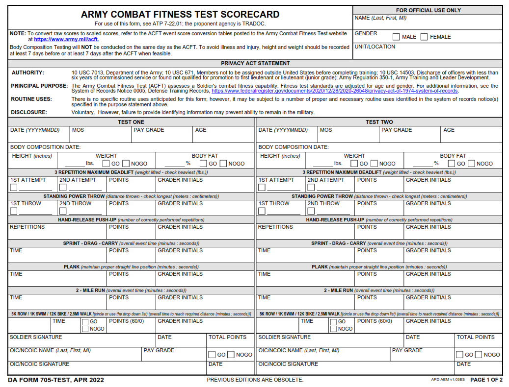 DA Form 705-Test - Army Combat Fitness Test Scorecard Page 1