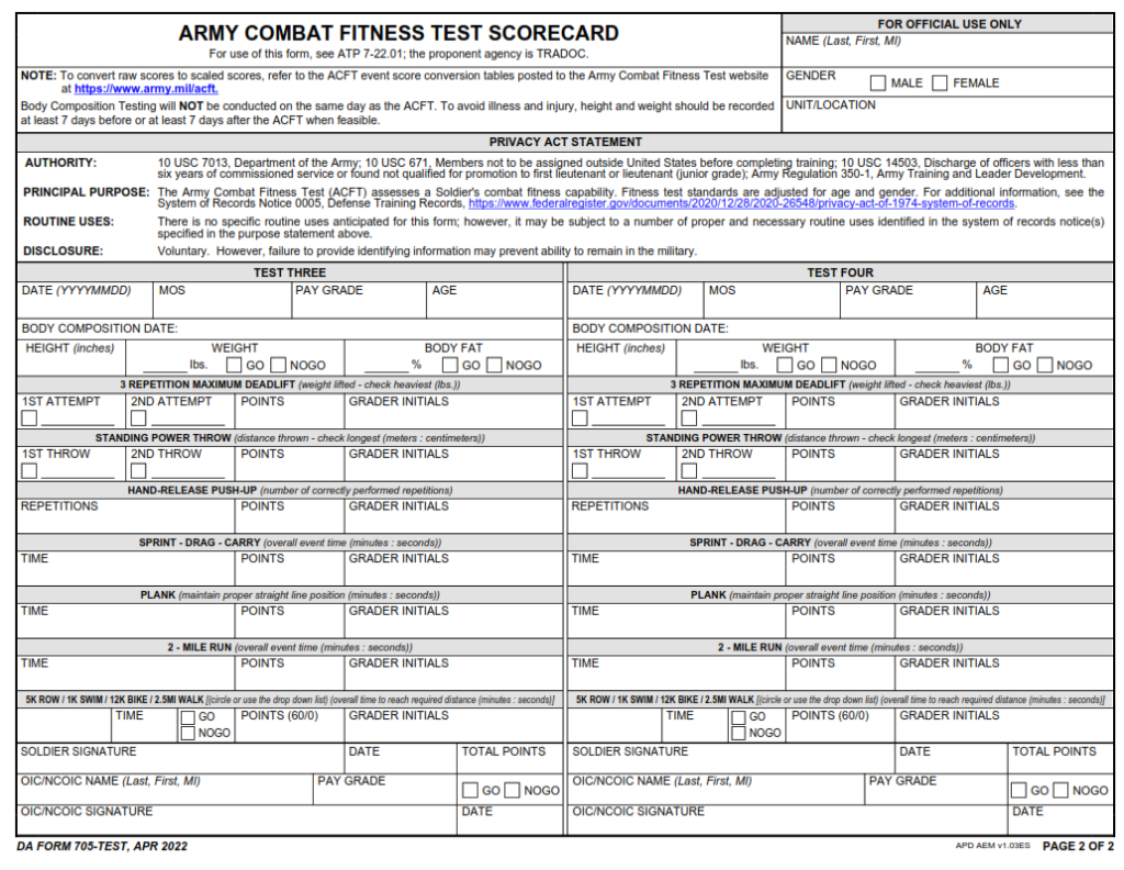 1999 Da Form 705 Army Physical Fitness Test Scorecard Printable Pdf