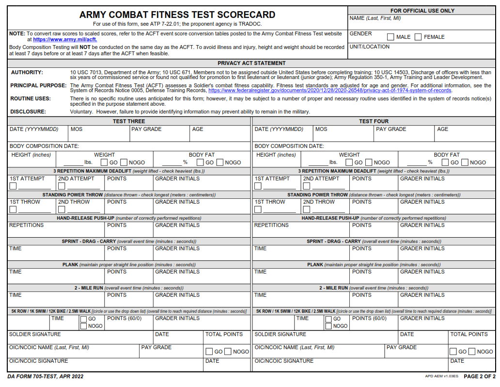 DA Form 705-Test - Army Combat Fitness Test Scorecard Page 2