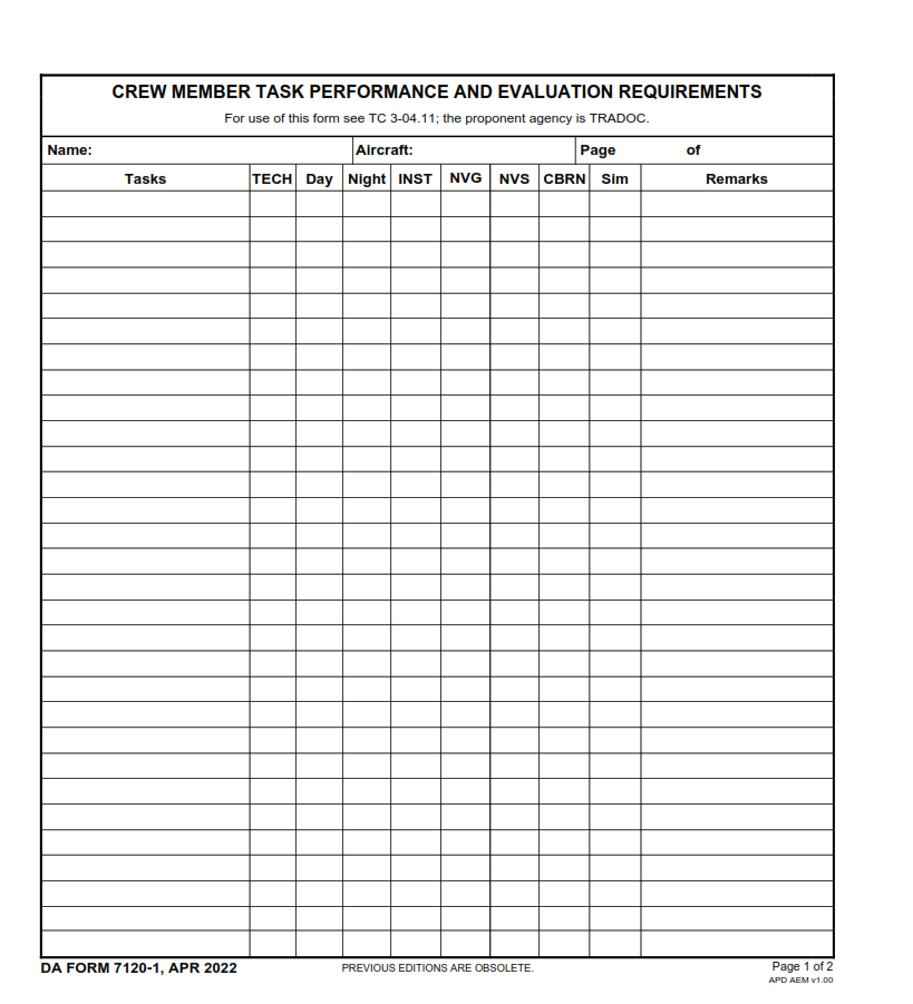 DA Form 7120-1 - Crew Member Task Performance And Evaluation Requirements Page 1