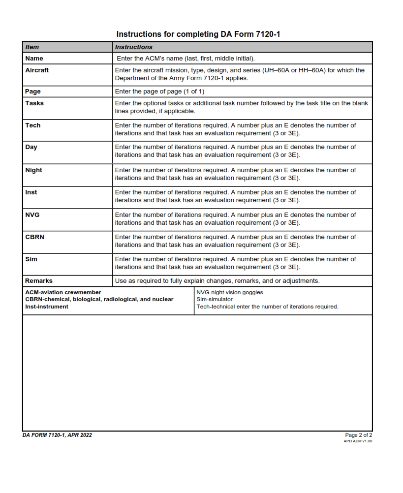 DA Form 7120-1 - Crew Member Task Performance And Evaluation Requirements Page 2