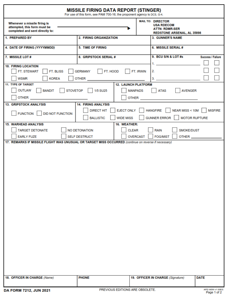 Da form 7212 missile firing data report stinger 