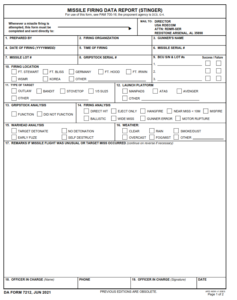 DA Form 7212 - Missile Firing Data Report (Stinger) Page 1