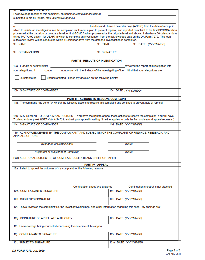 DA Form 7279 - Equal Opportunity And Harassment Complaint Form Page 2