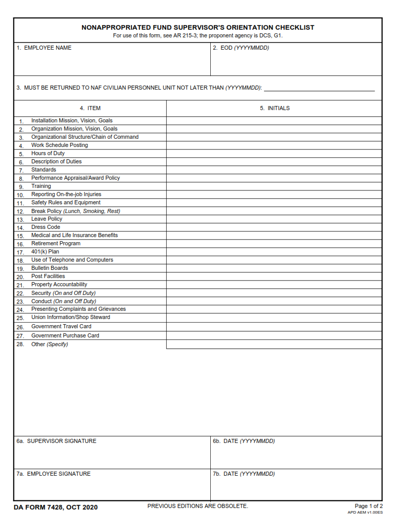 DA Form 7428 - Nonappropriated Fund Supervisor's Orientation Checklist Page 1