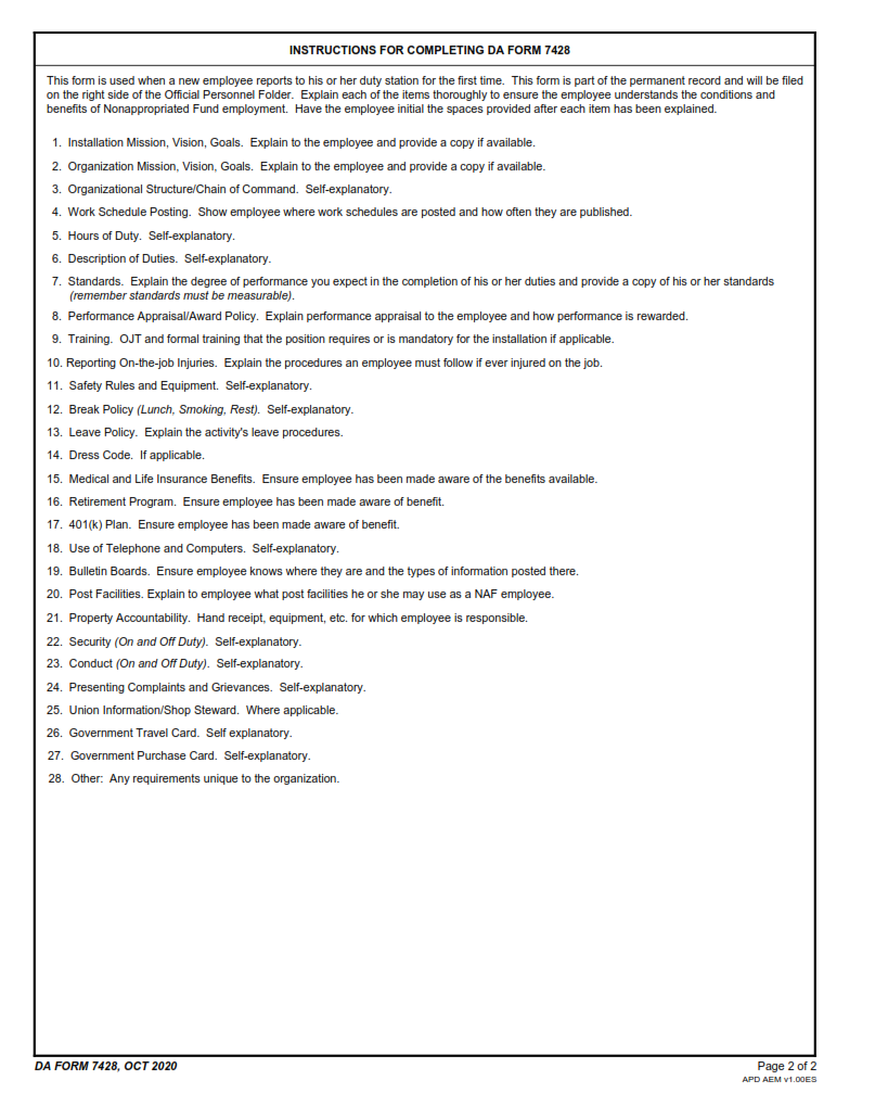 DA Form 7428 - Nonappropriated Fund Supervisor's Orientation Checklist Page 2
