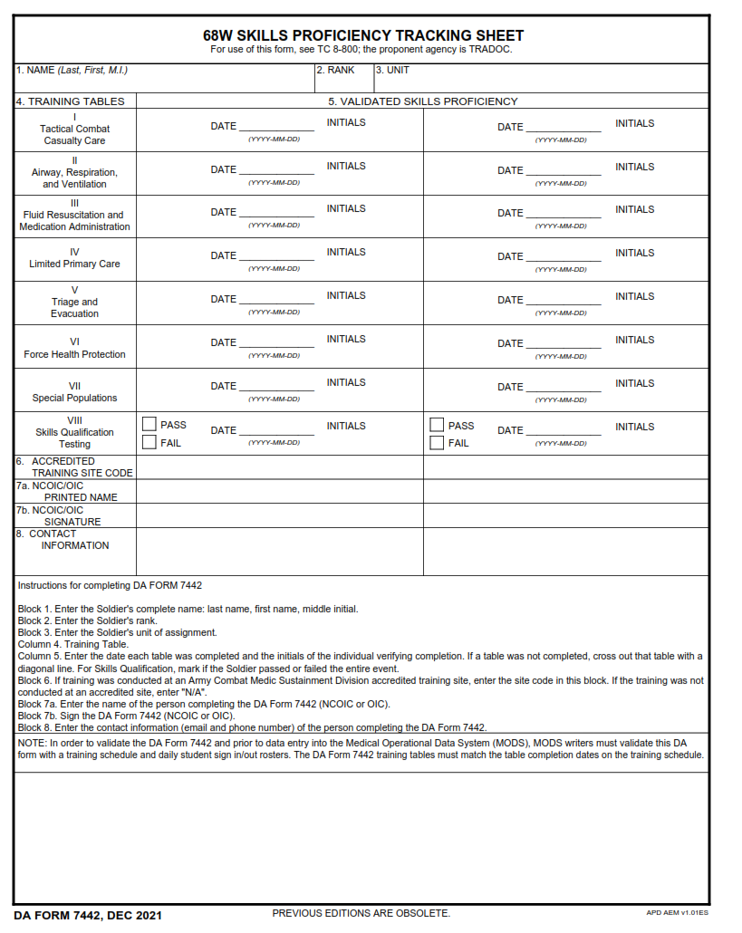DA Form 7442 - 68w Skills Proficiency Tracking Sheet