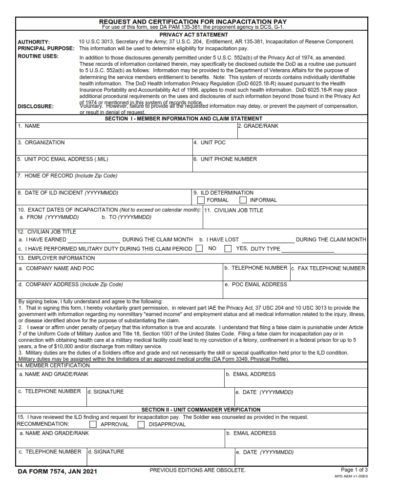 DA Form 7574 - Request And Certification For Incapacitation Pay Page 1