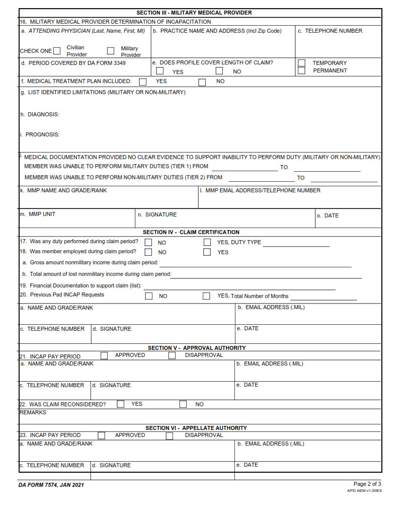 DA Form 7574 - Request And Certification For Incapacitation Pay Page 2