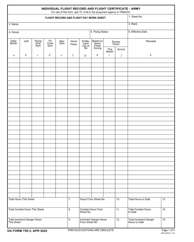 DA Form 759-3 - Individual Flight Records And Flight Certificate-Army