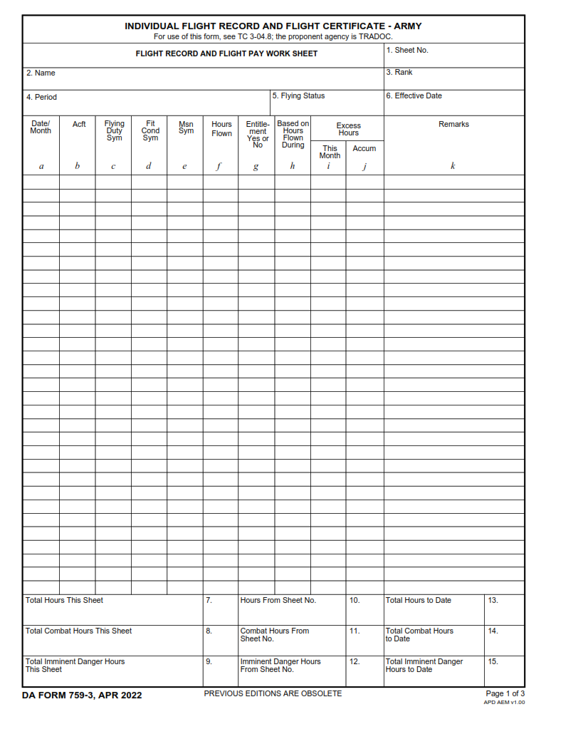 DA Form 759-3 - Individual Flight Records And Flight Certificate-Army Page 1