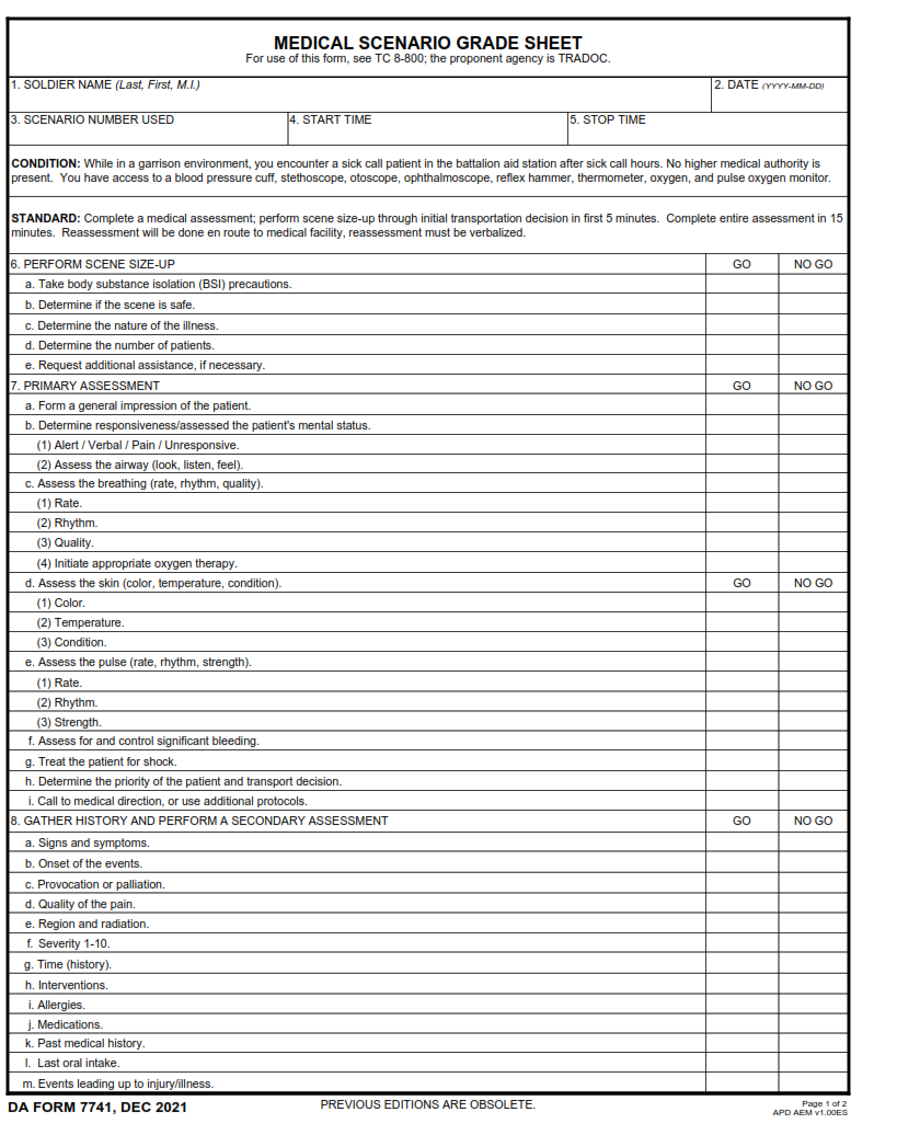 DA Form 7741 - Medical Scenario Grade Sheet