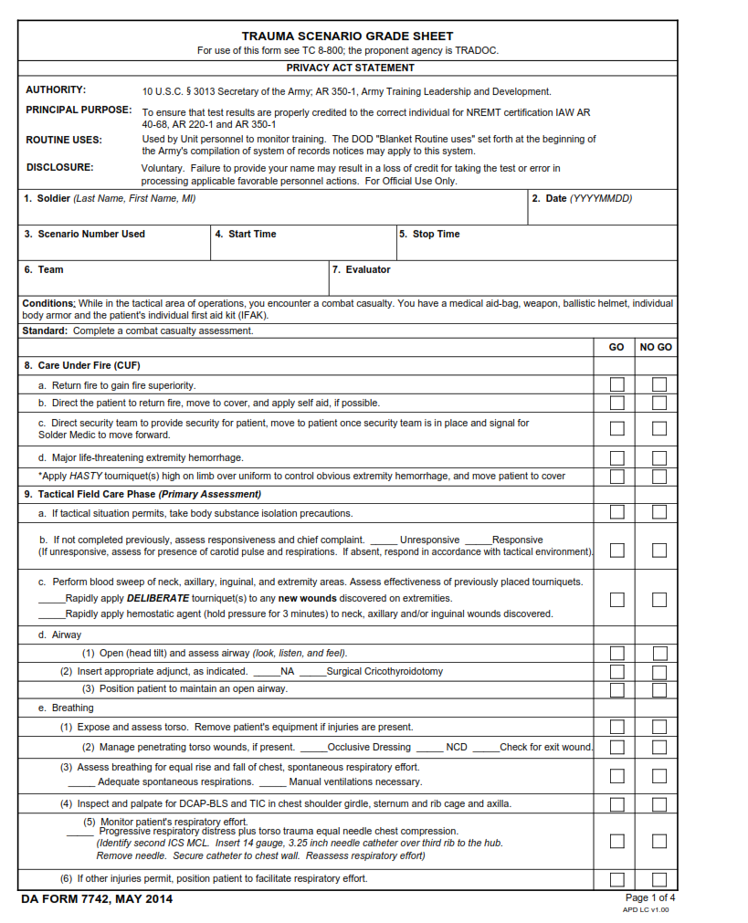 DA Form 7742 - Trauma Scenario Grade Sheet Page 1