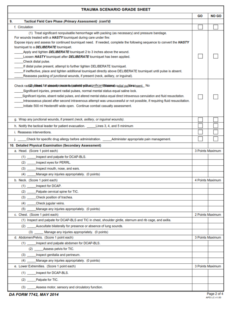 DA Form 7742 - Trauma Scenario Grade Sheet