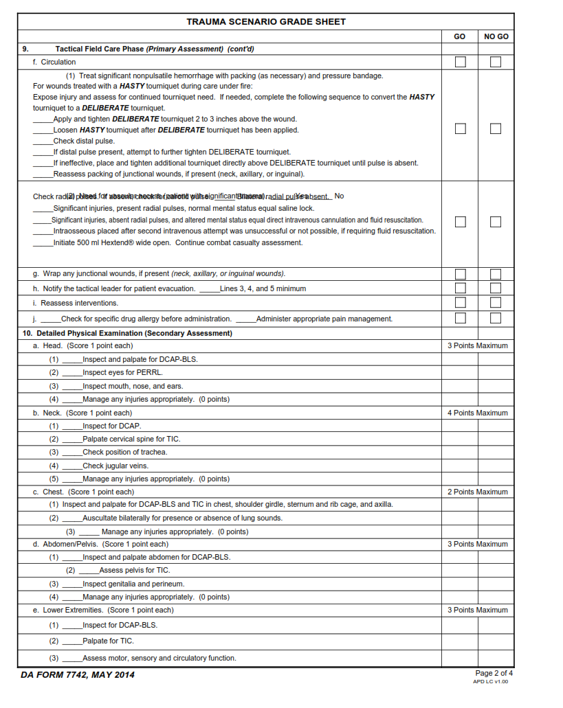 DA Form 7742 - Trauma Scenario Grade Sheet Page 2