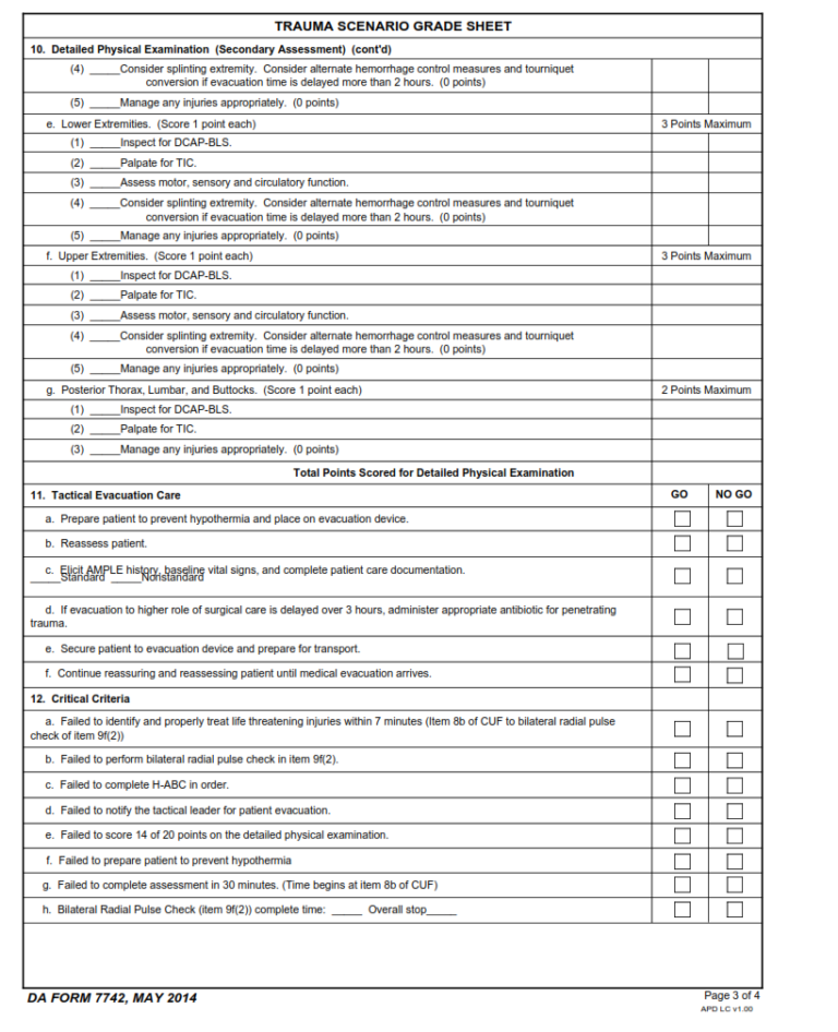 DA Form 7742 Trauma Scenario Grade Sheet