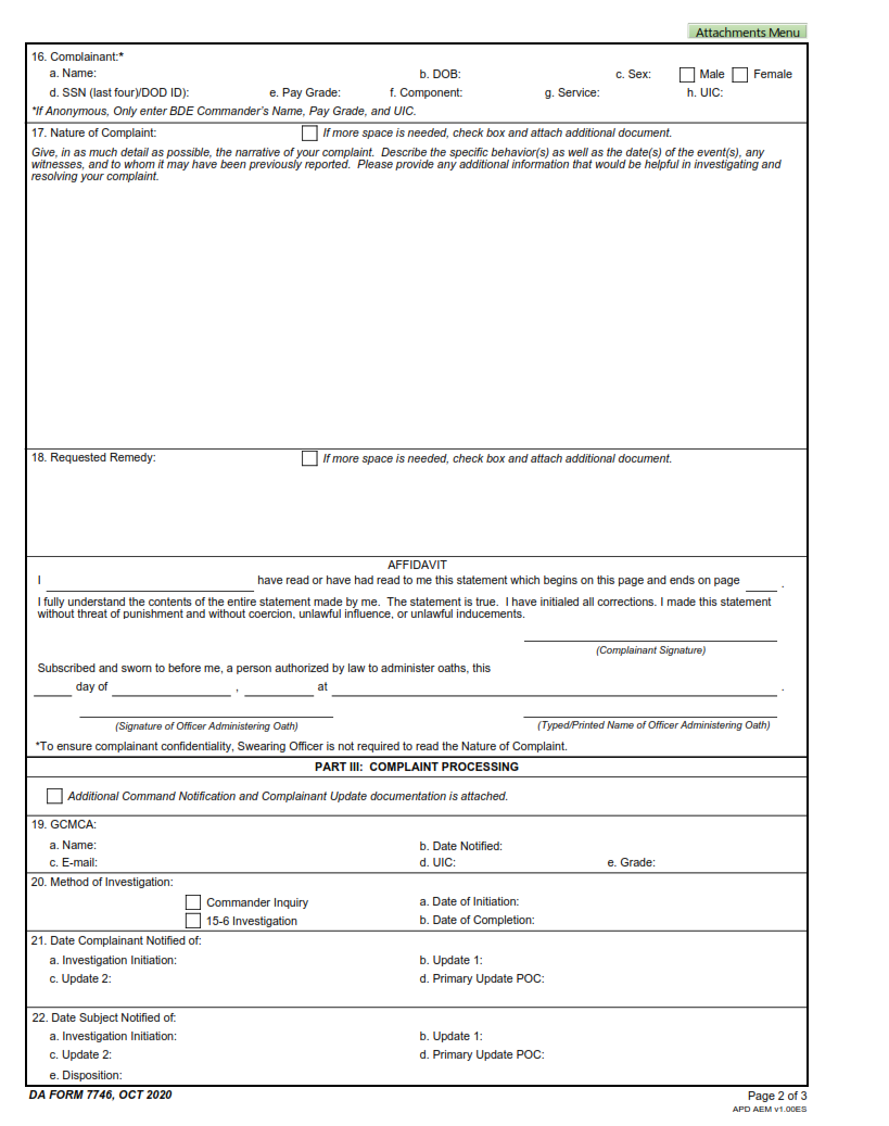 DA Form 7746 - Sexual Harassment Complaint Page 2