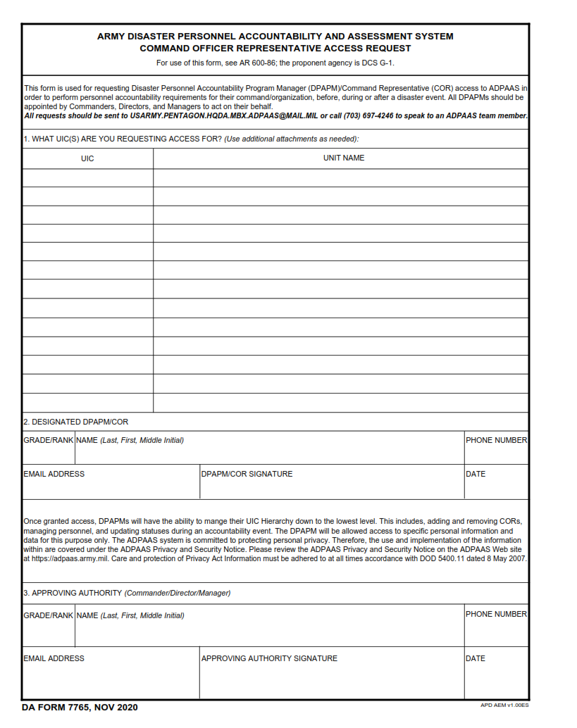 DA Form 7765 - Command Officer Representative Access Request