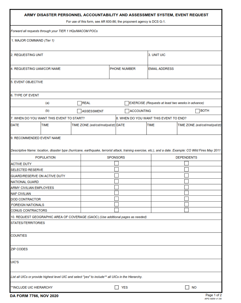 DA Form 7766 - Army Disaster Personnel Accountability Page 1