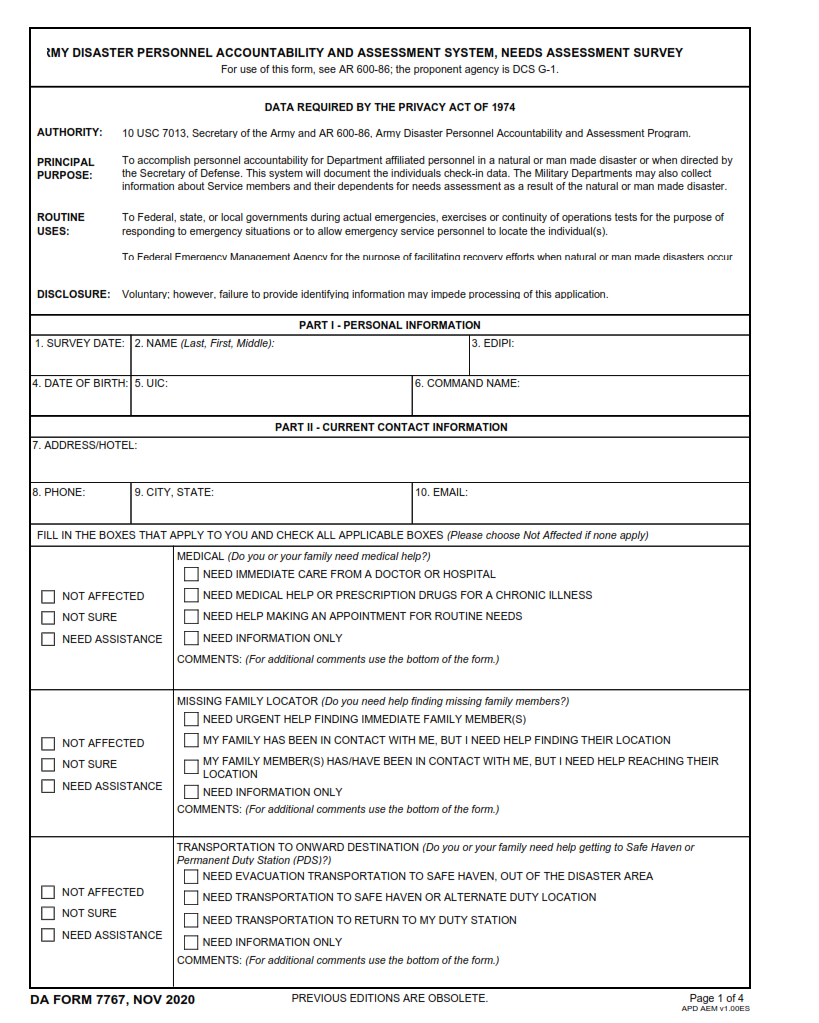 DA Form 7767 - Needs Assessment Survey Page 1