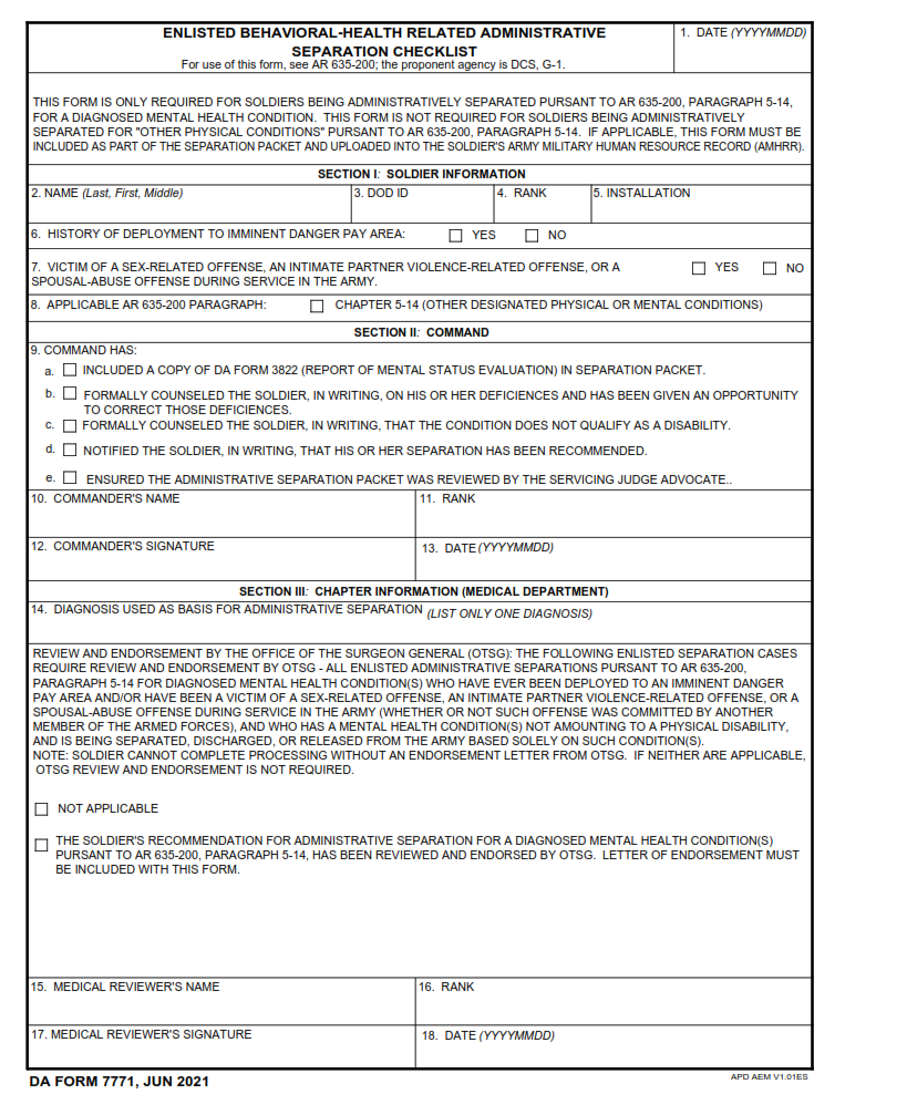 DA Form 7771 Enlisted Behavioral