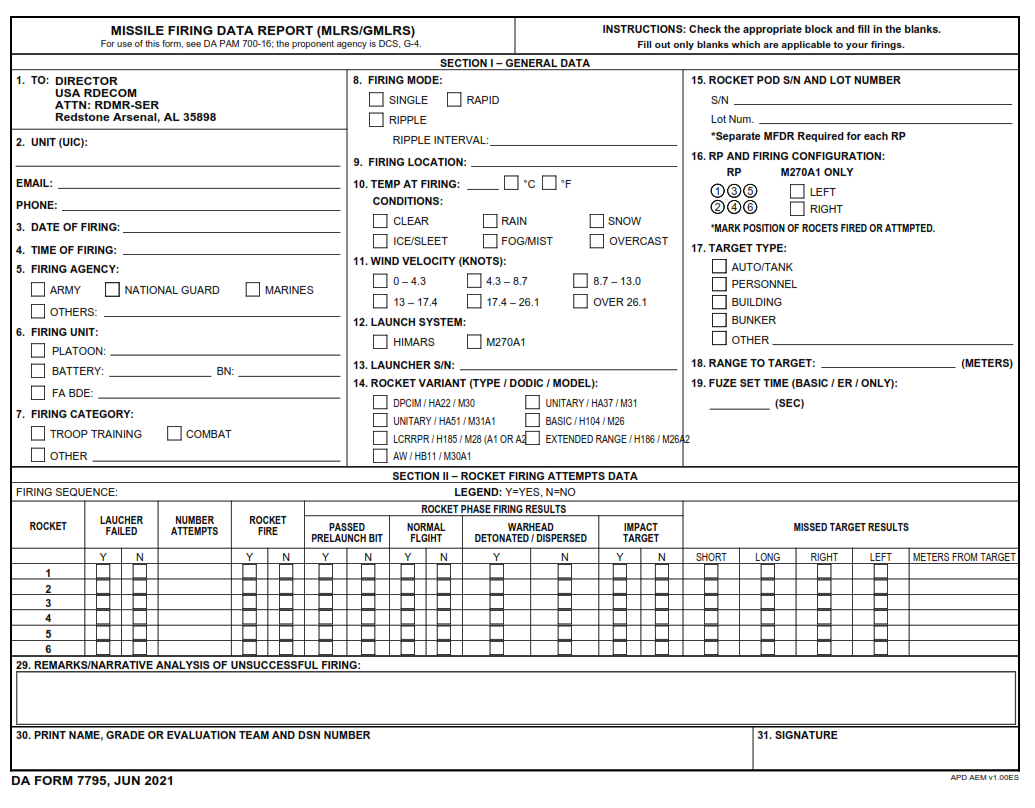 DA Form 7795 - Missile Firing Data Report (Mlrs Gmlrs)