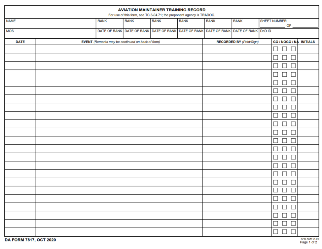 DA Form 7817 - Aviation Maintainer Training Record