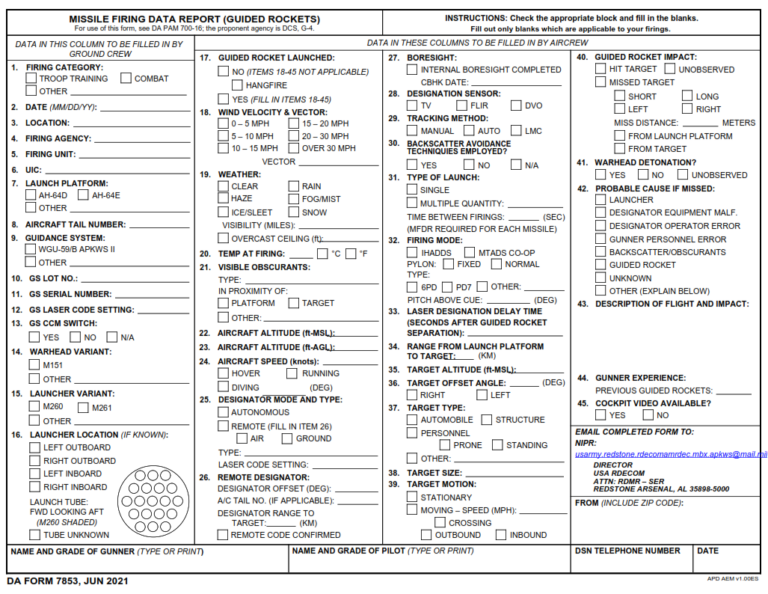 Da Form 7853 Missile Firing Data Report Guided Rockets