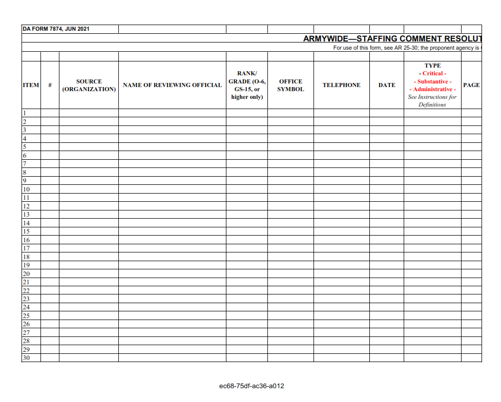 DA Form 7874 - Armywide-Staffing Comment Resolution Matrix Page 3