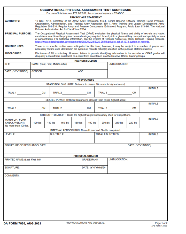 DA Form 7888 - Occupational Physical Assessment Test Scorecard