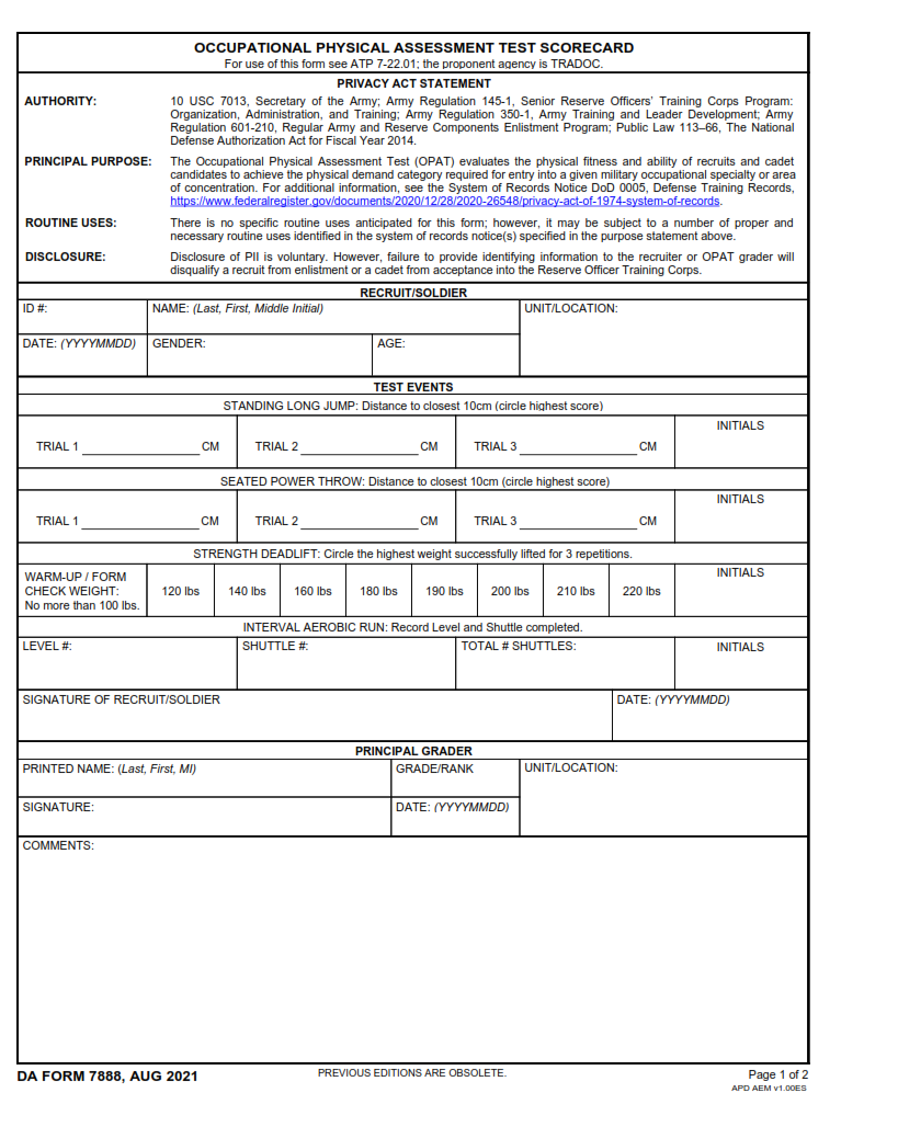 DA Form 7888 - Occupational Physical Assessment Test Scorecard Page 1