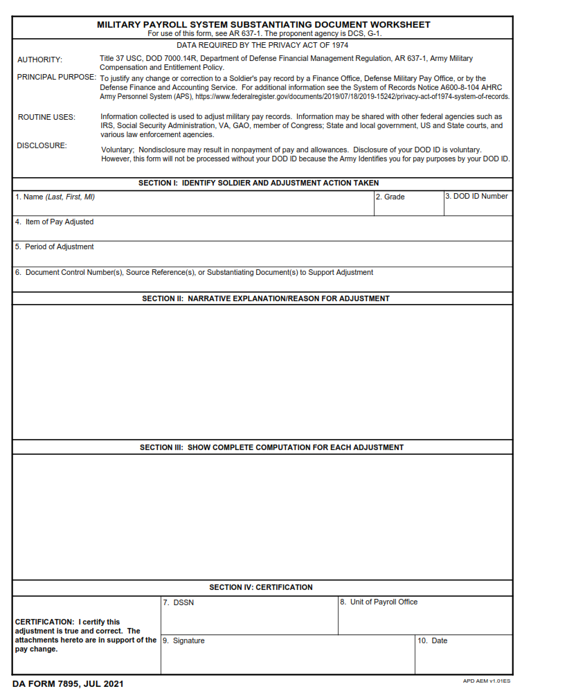 DA Form 7895 - Military Payroll System Substantiating Document Worksheet