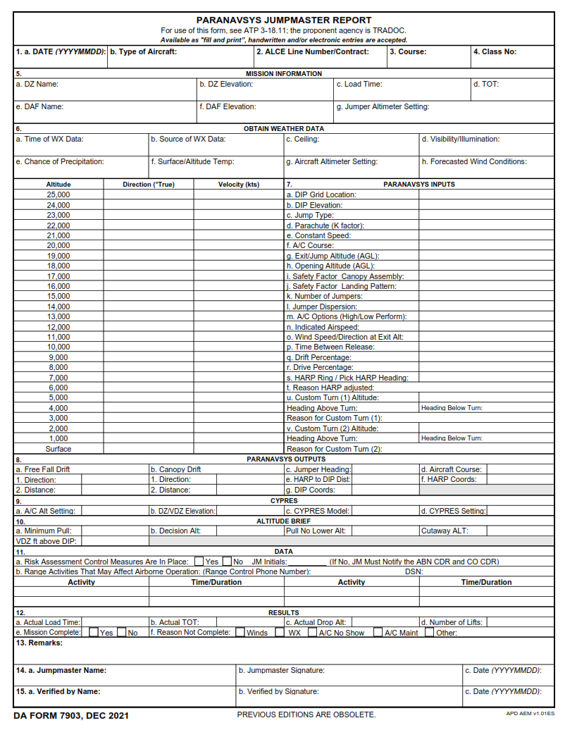 DA Form 7903 - Paranavsys Jumpmaster Report