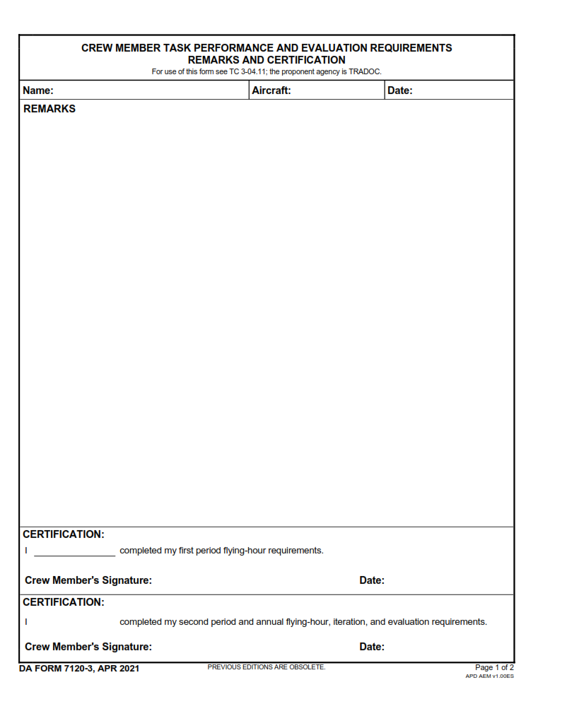 DA Form7120-3 - Crew Member Task Performance And Evaluation Requirements Remarks Page 1