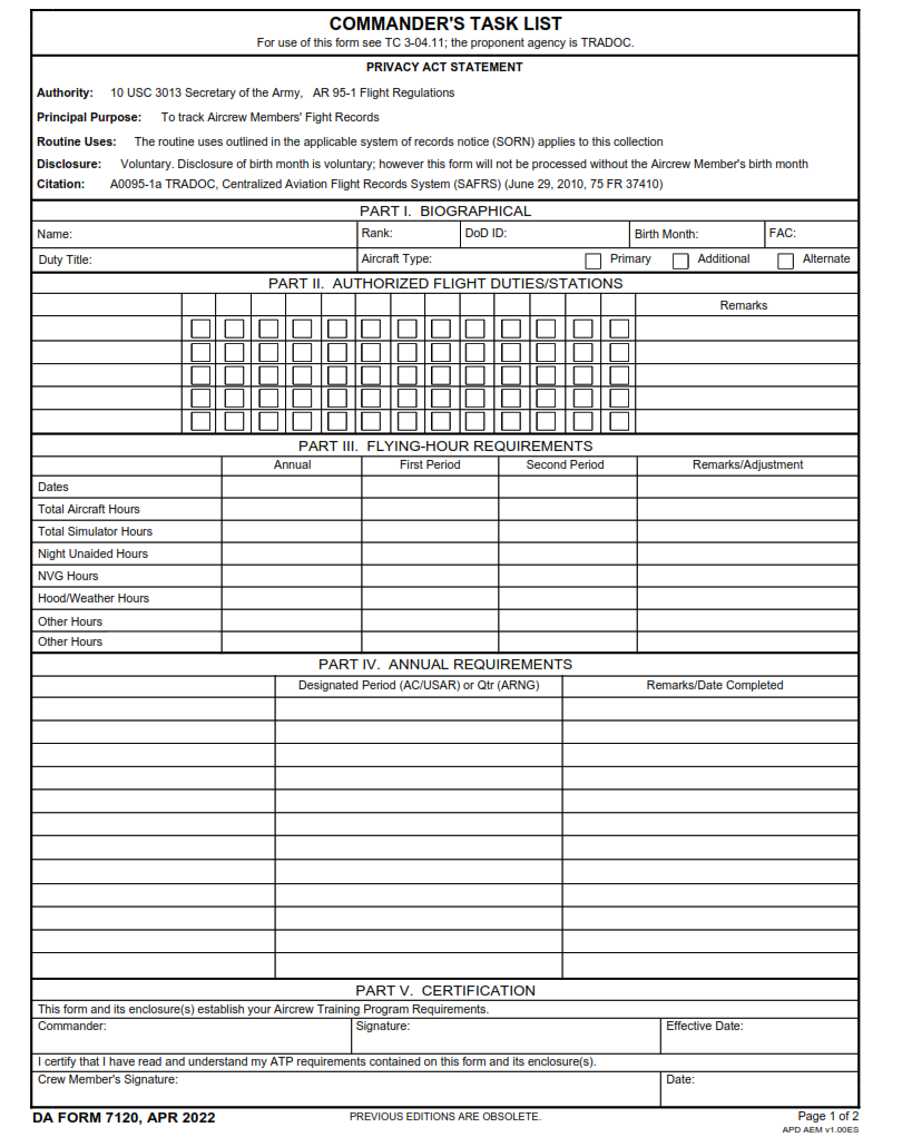 DA Form7120 - Commander's Task List Page 1