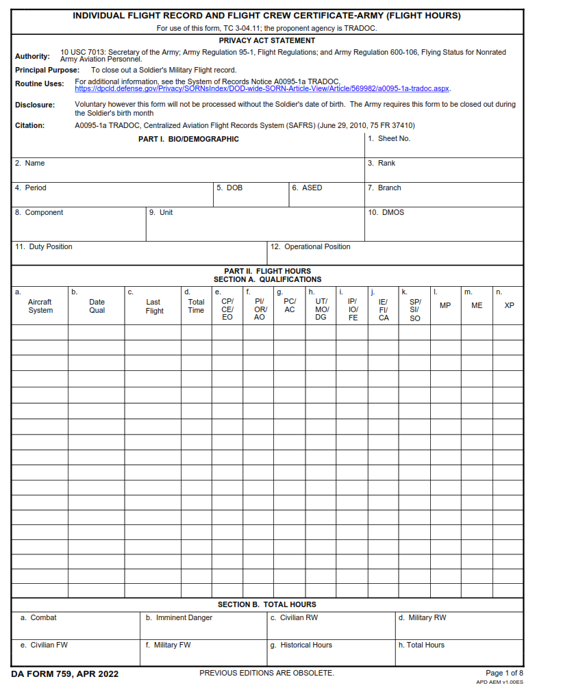 Da Form 759 - Individual Flight Record And Flight Crew Certificate-Army Page 1
