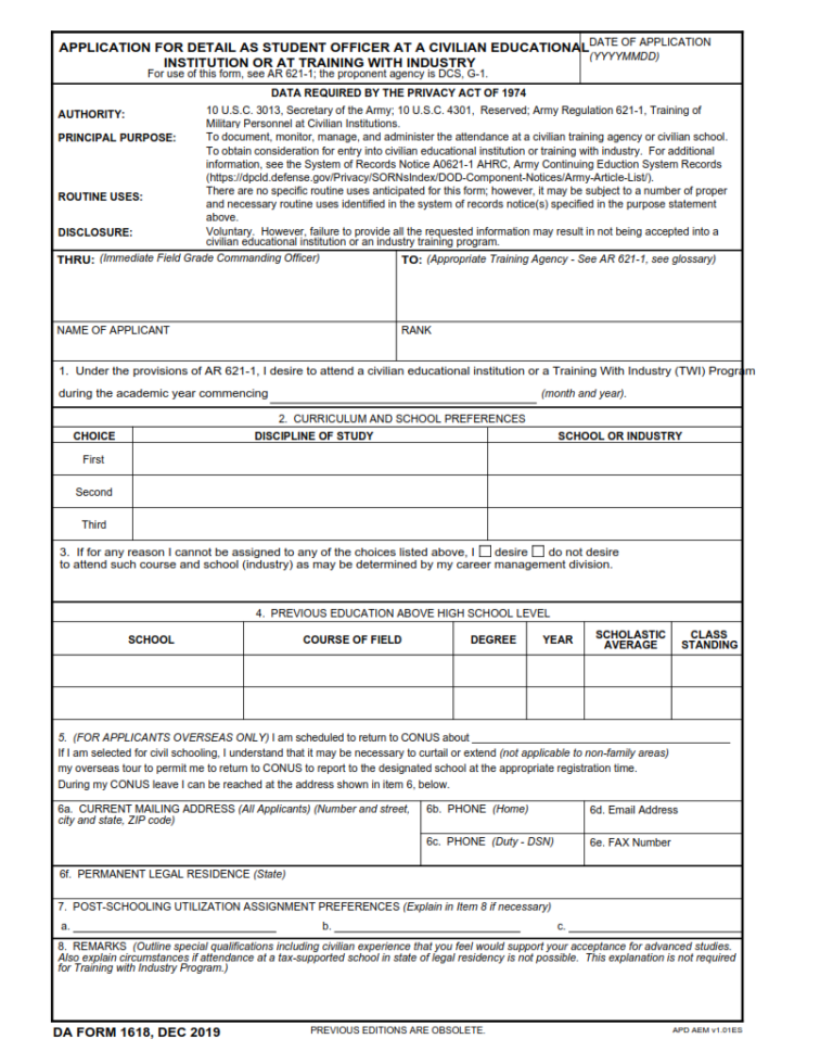 DA Form 1618 Application For Detail As Student Officer A