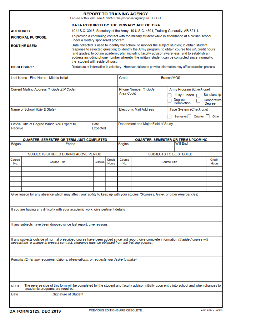 DA Form 2125 - Report To Training Agency
