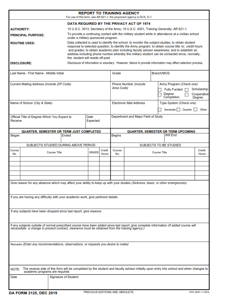 DA Form 2125 Report To Training Agency DA Form 2125 Report To Training Agency