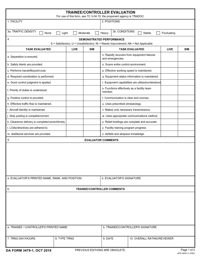 DA Form 3479-1 - Trainee Controller Evaluation Page 1