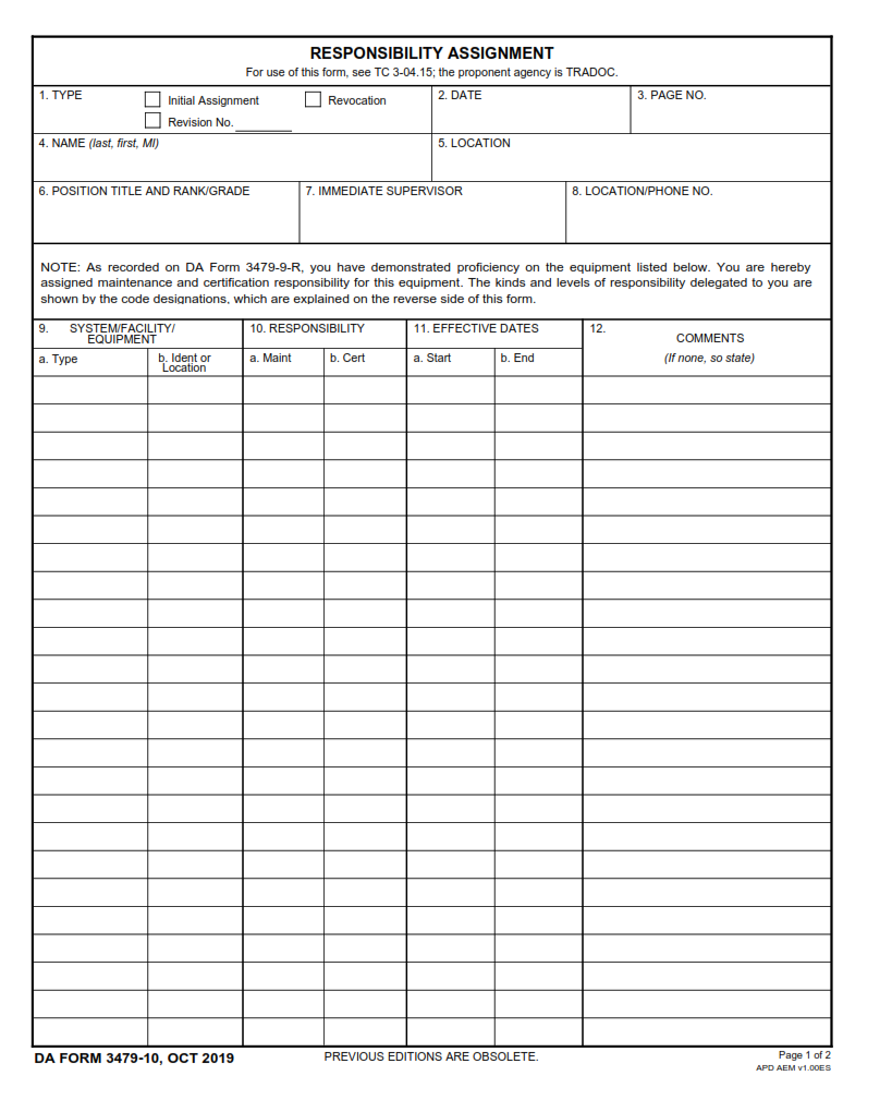 DA Form 3479-10 - Responsibility Assignment page 1