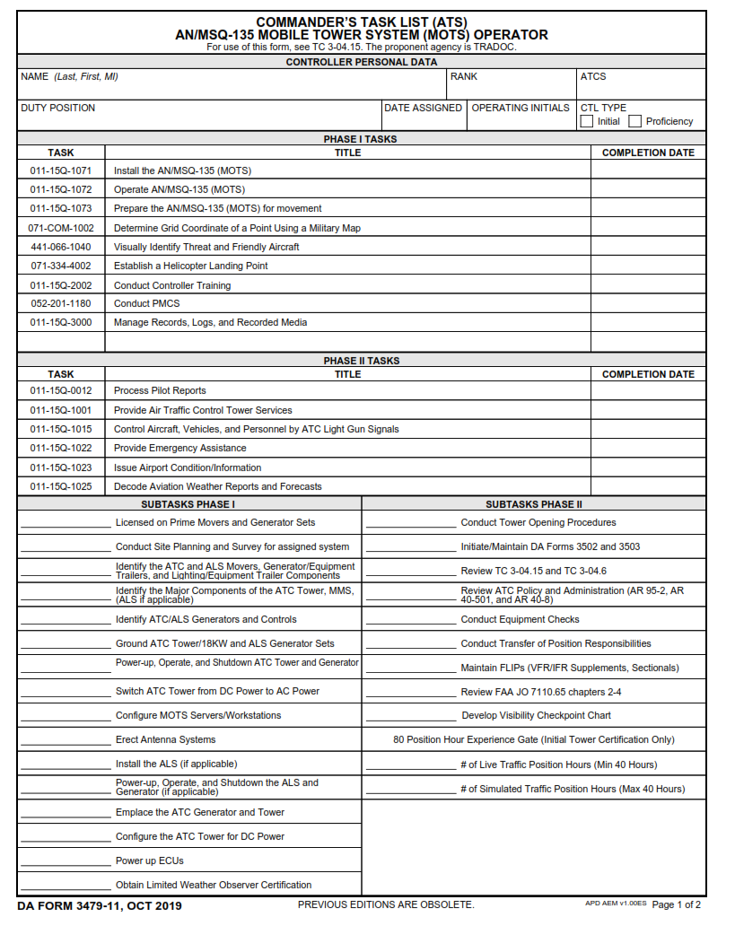 DA Form 3479-11 - Commander S Task List (Ats) An Msq-135 Mobile Tower System (Mots) Operator page 1