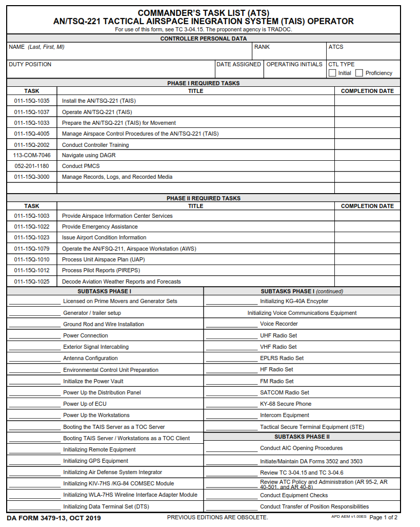 DA Form 3479-13 - Commander’S Task List (Ats) An Tsq-221 Tactical Airspace Inegration System (Tais) Operator Page 1