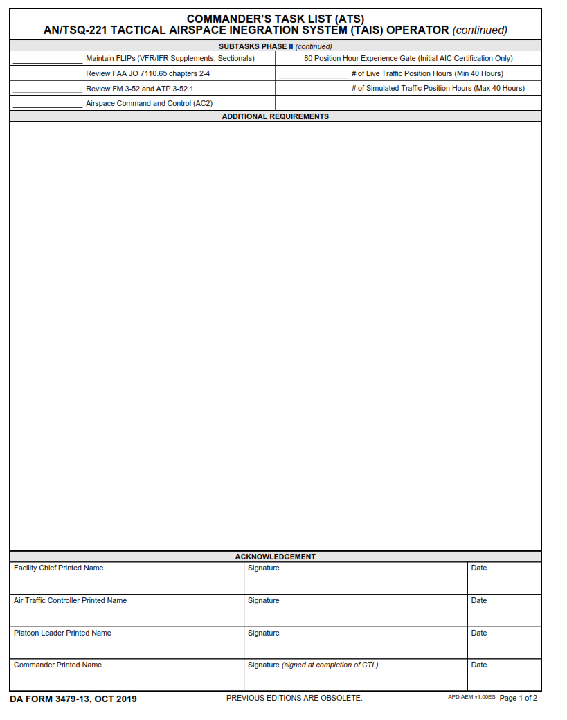 DA Form 3479-13 - Commander’S Task List (Ats) An Tsq-221 Tactical Airspace Inegration System (Tais) Operator Page 2