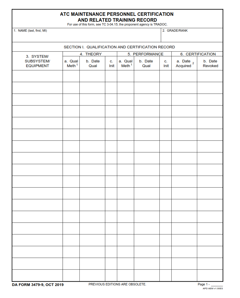 DA Form 3479-9 - Atc Maintenance Personnel Certification And Related Training Record Page 1